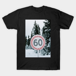 Wintertime - Hoarfrost on Round Traffic Sign in Norwegian Backcountry T-Shirt